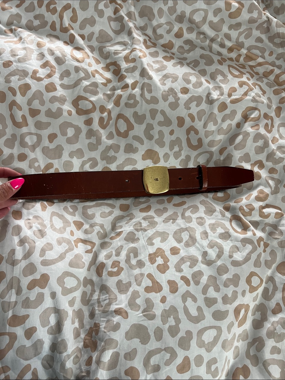 Vintage Calvin Klein Chestnut Brown Leather Belt with Brass Square Buckle